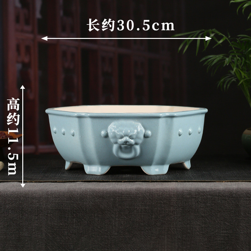 张治诚精品紫砂浮雕彩绘花盆批发六方鼓盆景兽头多肉丁ydfd07