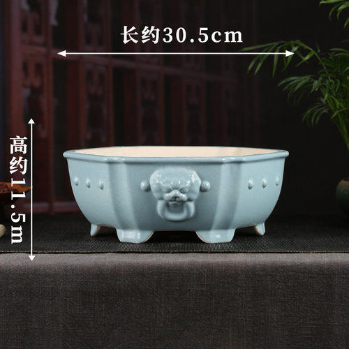 张治诚鼓紫砂浮雕彩绘花盆批发六方精品丁兽头多肉盆景ydfd07