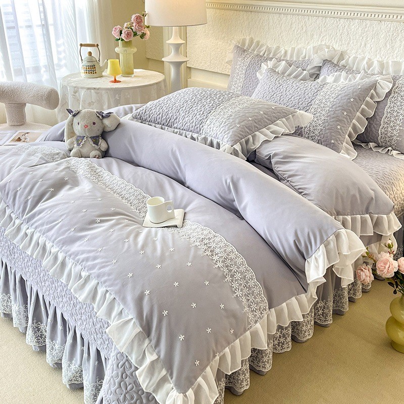 批发韩版水洗棉蕾丝花边棉床盖四件套夹床裙床盖三件套四件套爆款