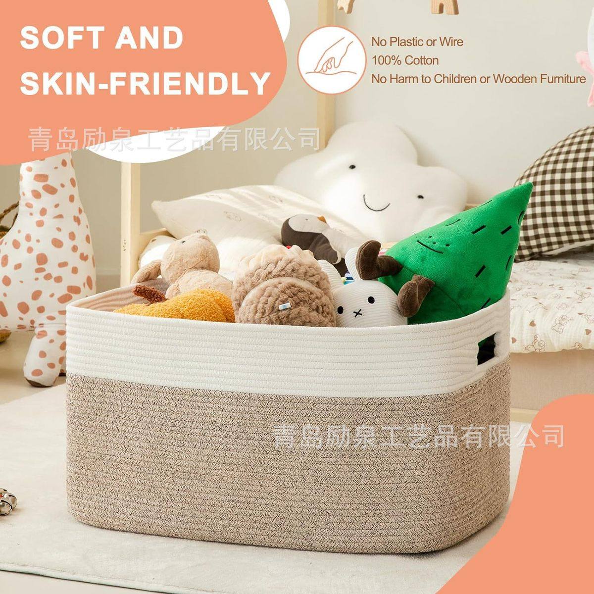 脏衣篮脏衣篓大号皮把手棉绳收纳筐可折叠出口棉线编织细高型白灰