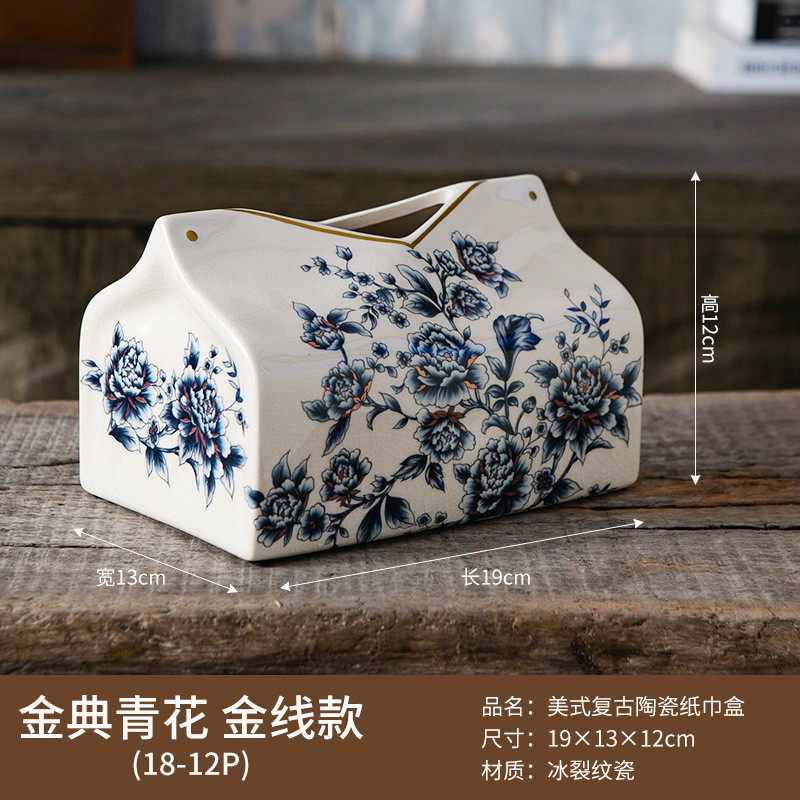 美式复古陶瓷纸巾盒摆件欧式描金纸抽盒乔迁客厅茶几家用抽纸盒