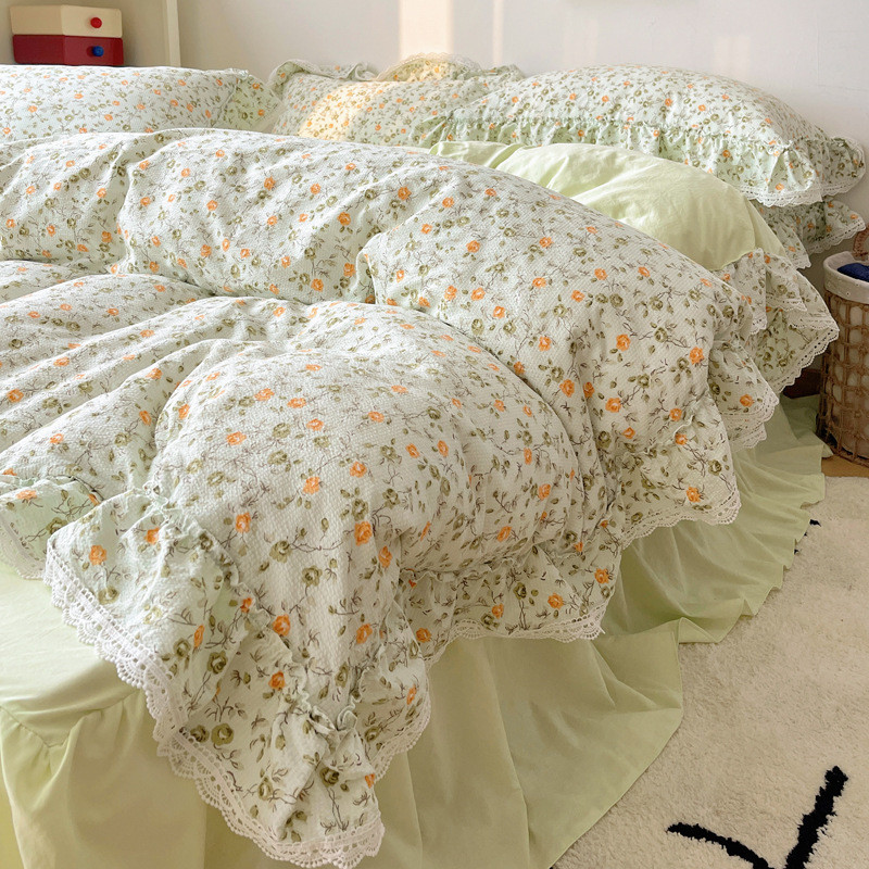 批发ins韩系水洗棉肤亲褶皱泡泡棉花边四件套公主风田园碎花4件套
