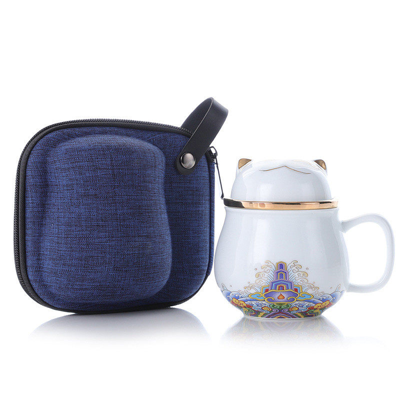 便携式鼠招财猫陶瓷办公杯茶水分离茶杯带盖过滤家用泡茶杯子定制