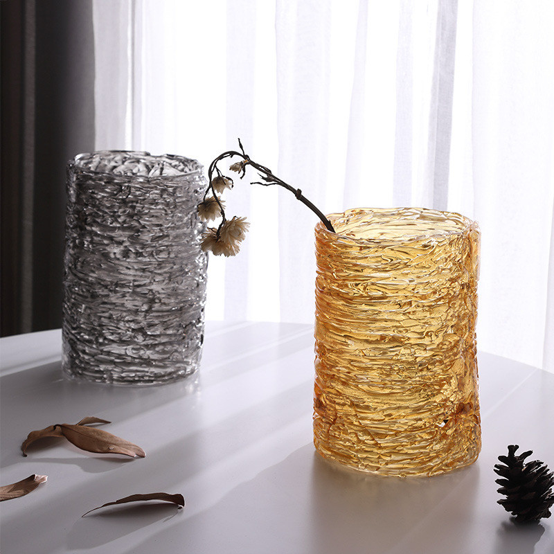 热销拉丝直筒玻璃摆件轻奢简约样板房售楼部软装饰品客厅插花桌面