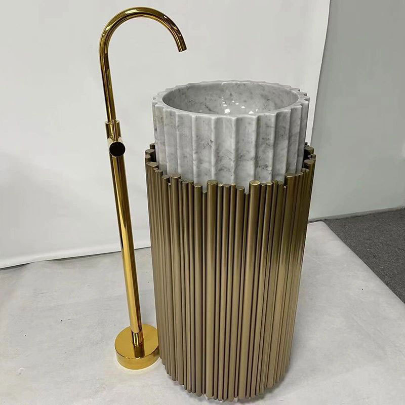 不锈钢金色高级感洗手台酒店别墅奢华艺术洗漱台轻奢大理石立柱盆