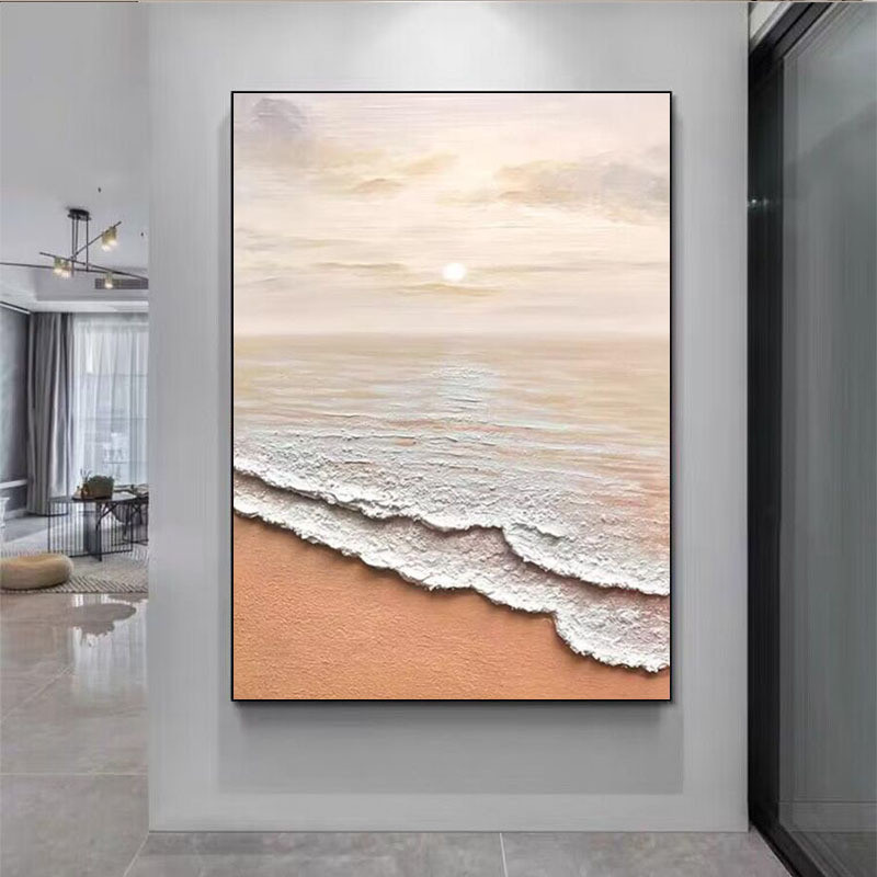 手绘油画纯手工抽象肌理装饰画竖版大海沙滩海景客厅立体玄关挂画