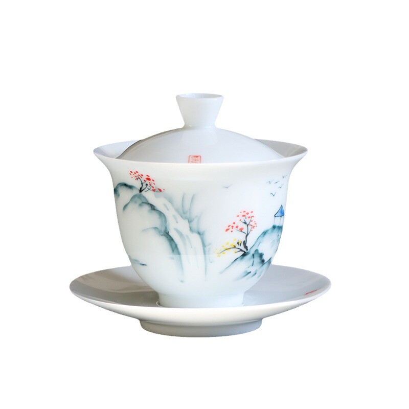 玉泥白瓷功夫三才盖碗大号不烫手陶瓷茶碗高颜值手绘敬茶杯茶具