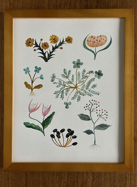 手绘现画绿色植物挂画中古床头装饰画客厅书房玄关沙发背景墙