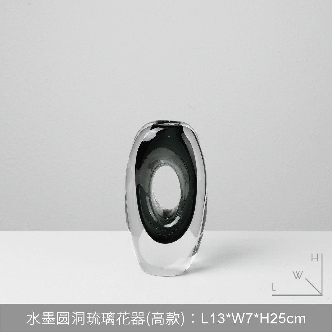 现代客厅插花水墨圆洞琉璃花器样板间玄关餐桌轻奢高端花瓶软装饰