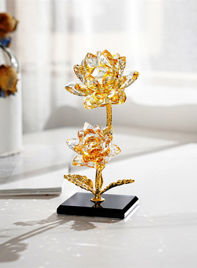 水晶双生好运家居摆件珠宝柜台玄关花莲花摆件合金双头花厂家直销