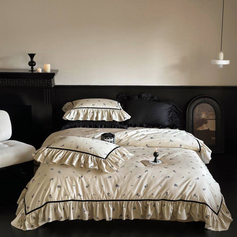 复古田园家用公主风50澳棉荷叶边圆角贴边玫瑰床单被套四件套