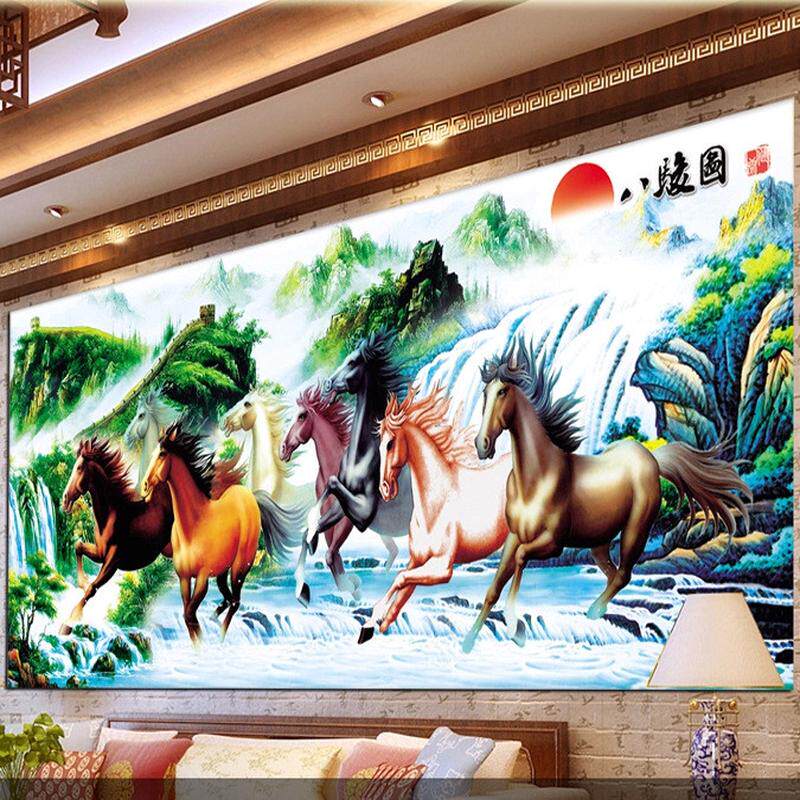 印花客厅十字绣新款马到成功八匹马十字绣八骏图5d版气吞山河