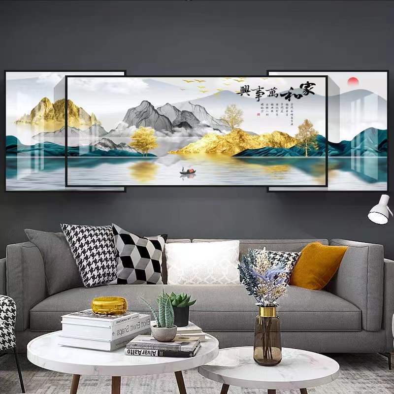 靠山客厅三联背景墙新壁画沙发山水画办公室装饰画挂画叠加中式