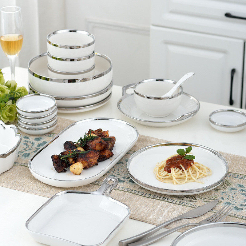 热销盘碟银饭碗汤碗圆盘鱼盘深盘碗轻奢勺组合套装陶瓷餐具彩盒送,餐饮具,餐具瓷器套装,淘宝优惠券,粉丝福利购,淘宝优惠卷