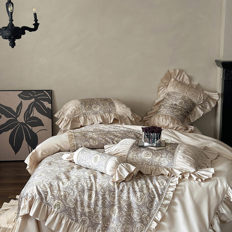 法式中古100s床床单四件套沙漠玫瑰印花全棉花边被套贵妇长绒棉品