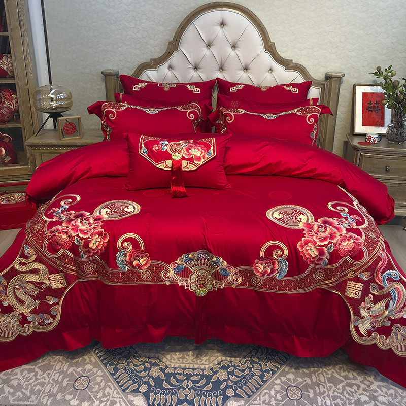九喜狐婚庆家纺花卉刺绣结婚床上用品备婚四件套婚房装饰红色喜被