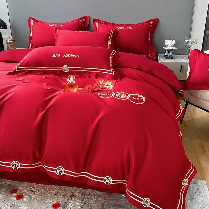 高档中式刺绣棉婚庆四件套大红色床单被套棉陪嫁结婚床上用品,床上用品,婚庆床品套件,淘宝优惠券,粉丝福利购,淘宝优惠卷