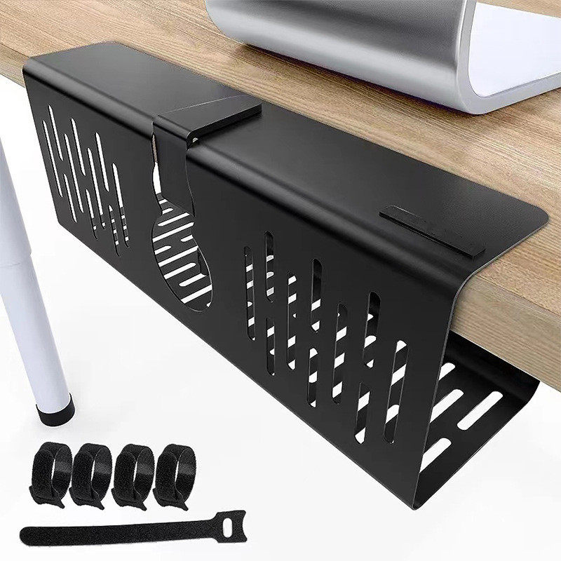 免打孔槽复古移动钢制线槽办公桌电脑桌底穿线镂空走线槽五金配件