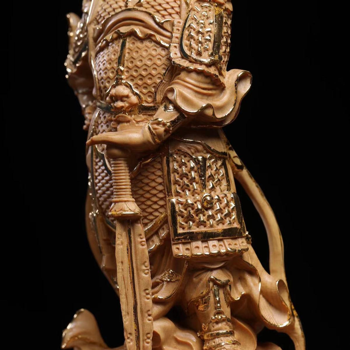 韦陀小叶黄杨木雕天然实木蓝摆件珈文玩菩萨供奉木质工艺品