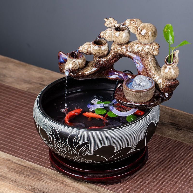 景德镇陶瓷鱼缸家用流水喷泉加湿鱼缸大号养鱼盆摆件客厅小金造景