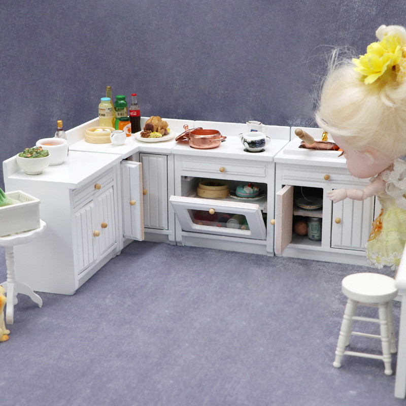 1:12娃娃屋dollhouse迷你家具微缩模型厨房场景组合柜灶台四件套