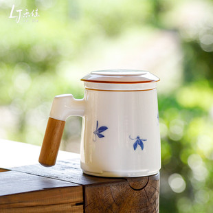 白瓷纯手绘蝴蝶兰花办公杯带盖过滤泡茶杯陶瓷茶杯家用茶水马克杯