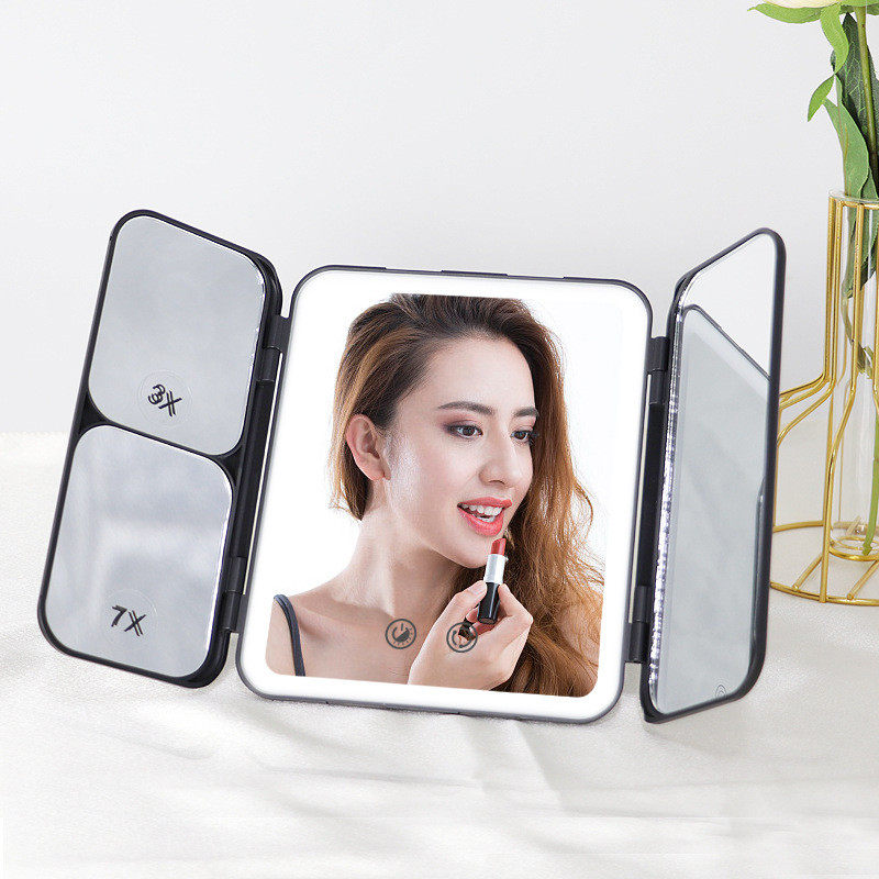 便携三折化妆镜放大镜壁挂带灯梳妆镜台式led镜子带5x7x金属
