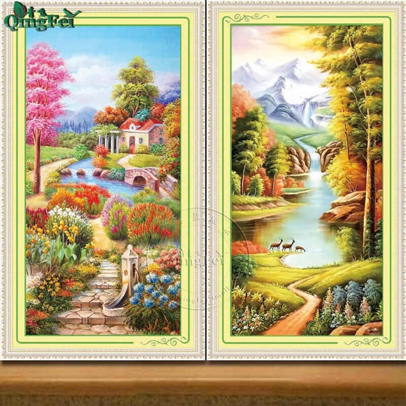 青飞精准印花竖版梦幻家园十字绣流水生财线绣越南柬埔寨