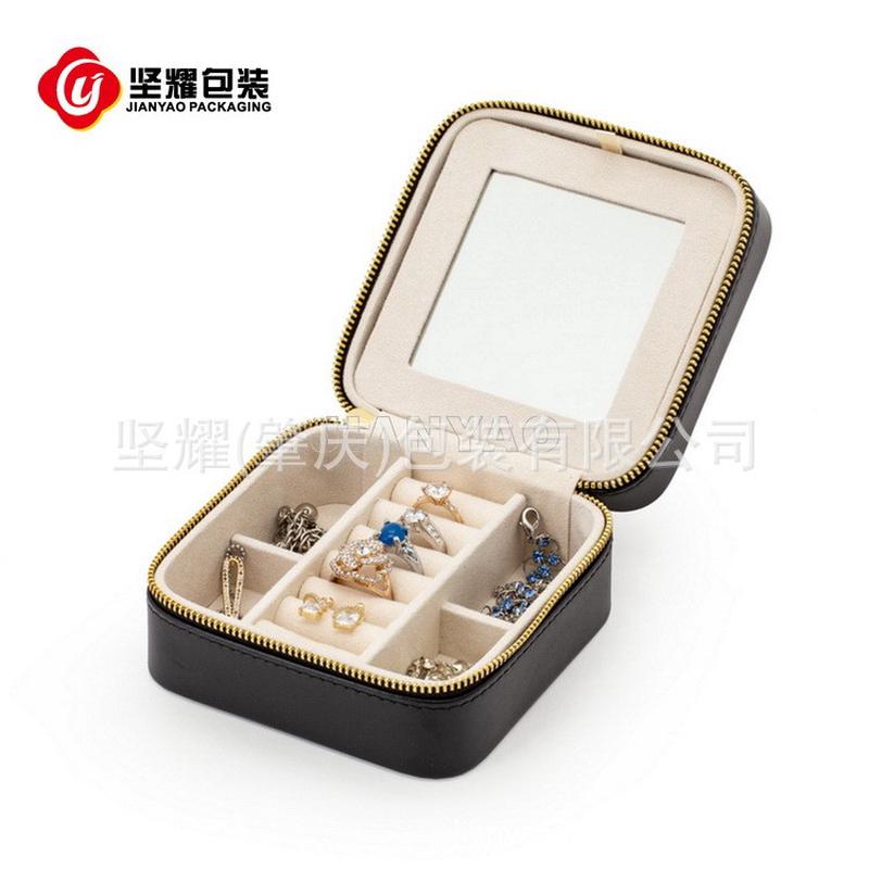 厂家直供PU高端珠宝旅行便携式黑色皮革镜子多层首饰收纳盒