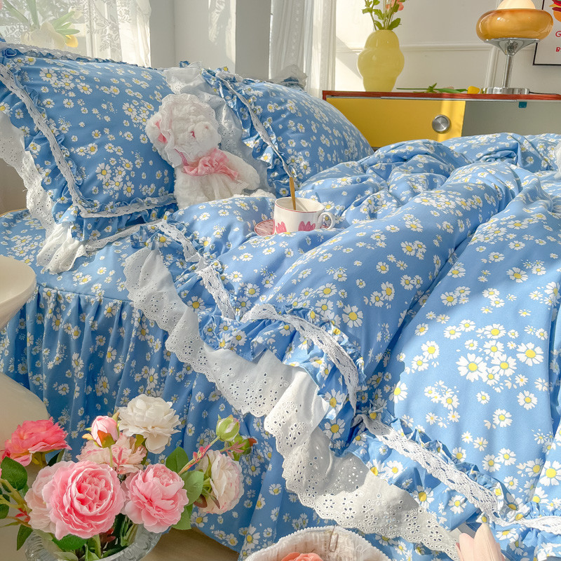 tuf4全小碎花清新水洗棉床裙品款床上四件套蕾丝被套少女心床床罩