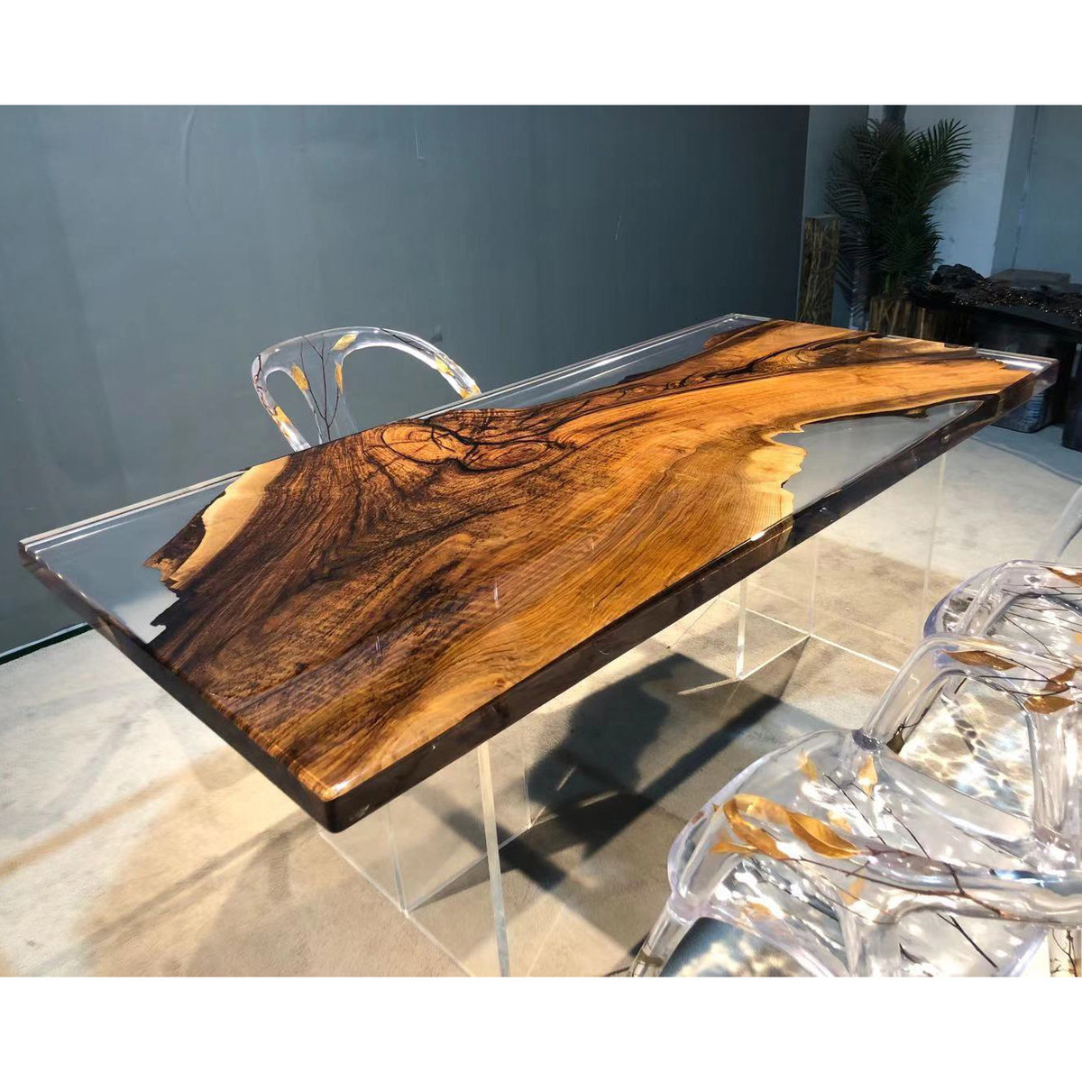 展厅客厅家具胡桃木河流水晶透明桌 树脂亚克力桌