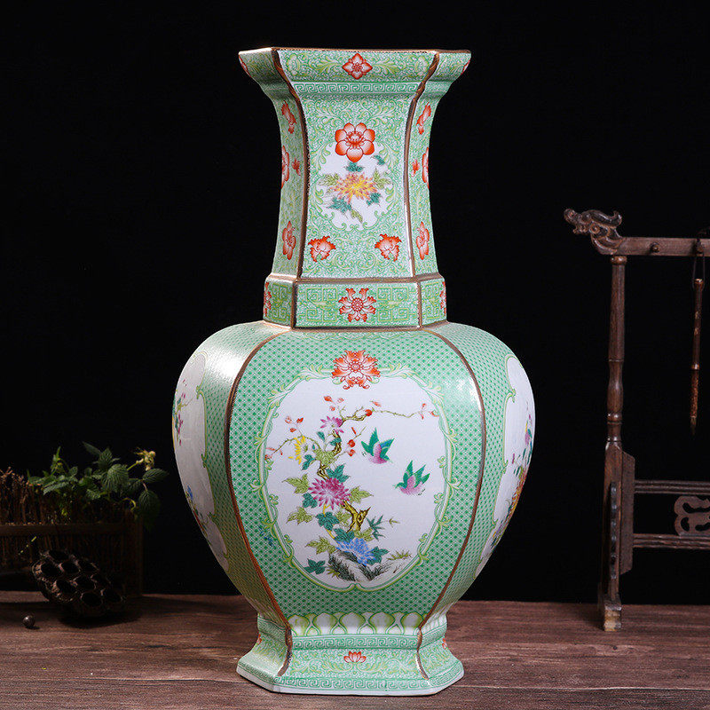 六方珐琅彩瓷器花鸟陶瓷景德镇瓶落地大花瓶家居客厅摆件工艺品