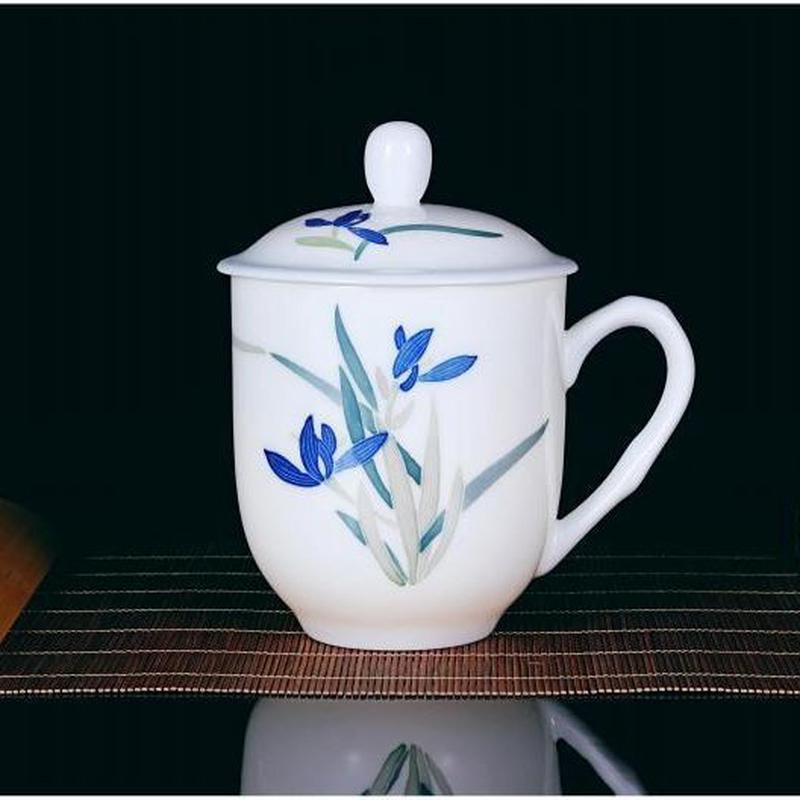 醴陵釉下五彩手绘带盖陶瓷茶杯花卉老板杯办公大容量600ml水杯