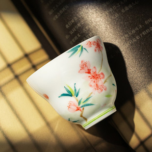 羊脂玉手绘桃花主人杯单杯茶杯家用办公品茗杯个人专用陶瓷茶杯