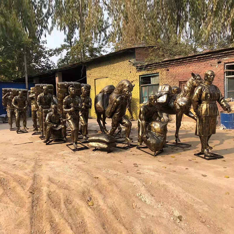 大型户外玻璃钢雕塑茶马古道仿铜人摆件马帮商人锻铜商业街摆件