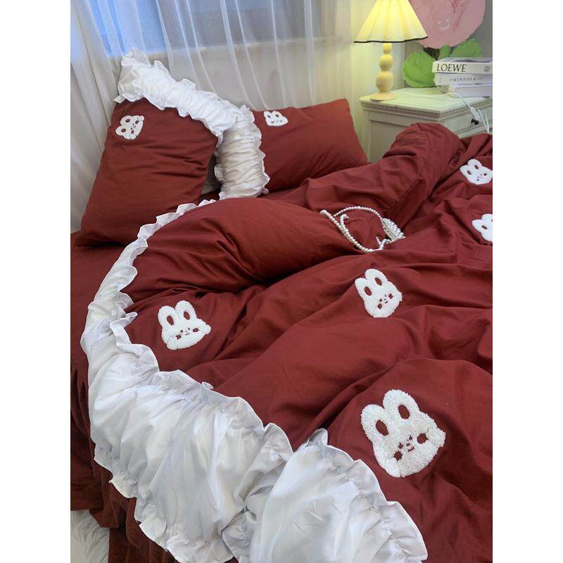 6b76兔叽叽!软萌少女心韩式刺绣床上四件套红色被罩学生宿舍套三