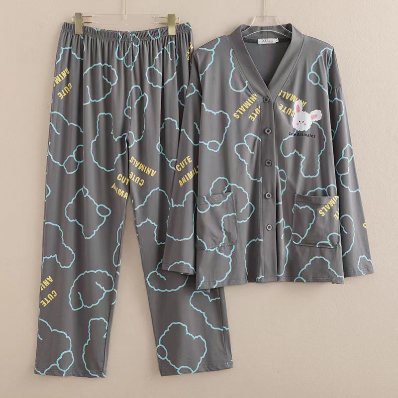 女士卡通睡衣秋冬针织棉长袖长裤家居服V领开衫大码小码套装批发
