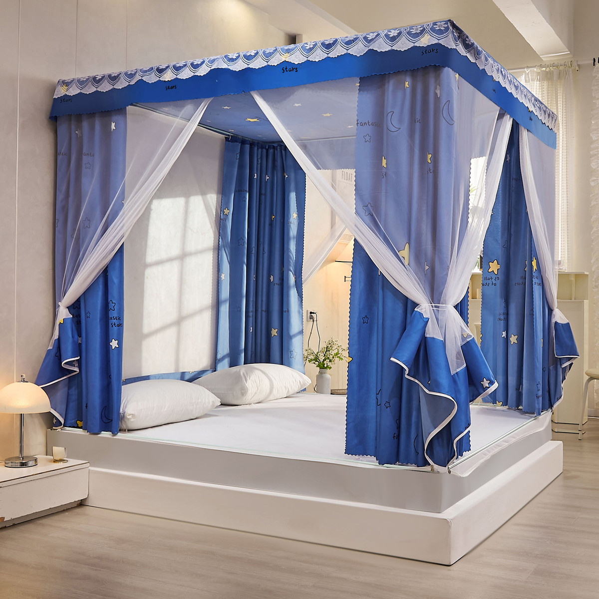 新款坐床遮光绑带防尘床帘蚊帐三开门全底无防蚊加厚加粗免安装