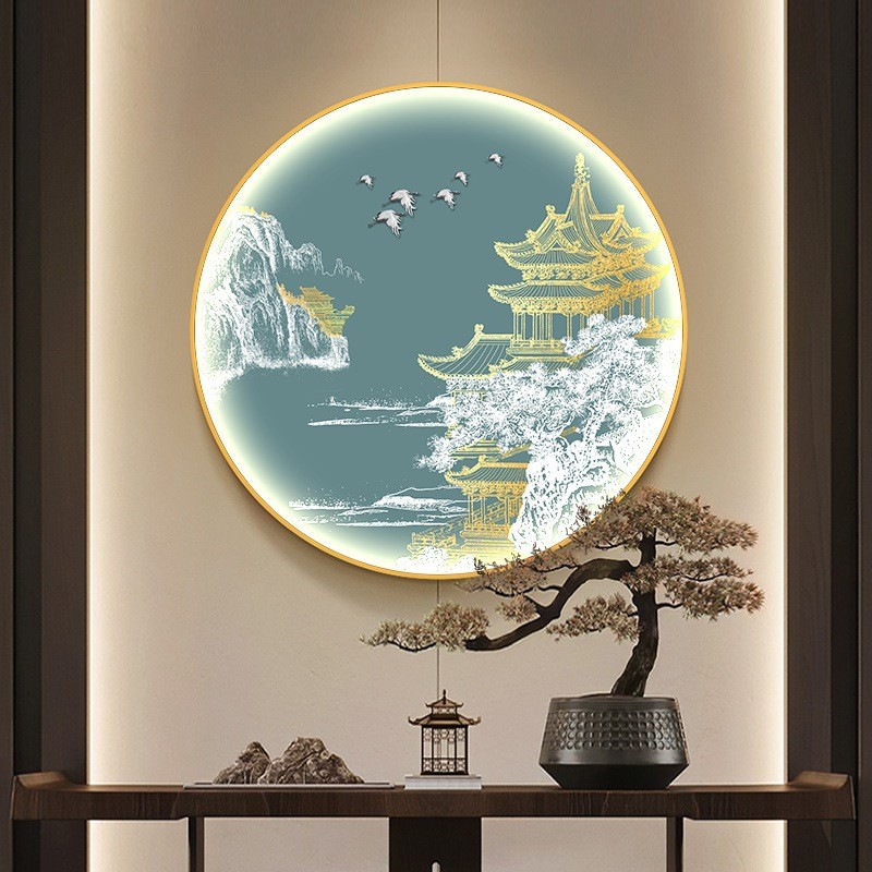新中式玄关装饰画带灯圆形发光壁画水墨走廊禅意鹤楼现代艺术背景图片