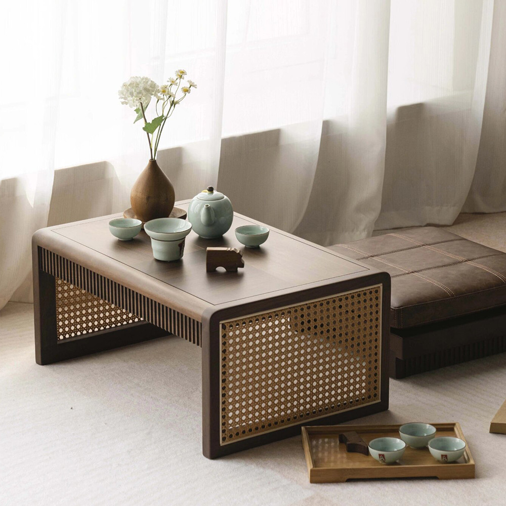 飘窗胡桃实木小边几桌复古榻榻米阳台喝茶台移动新中式藤编矮桌子
