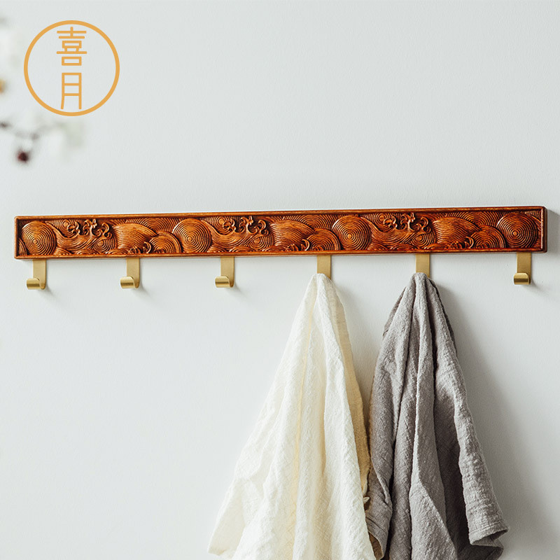 i6cv喜月黄铜红木新中式免打孔进门挂钩实木入户挂衣钩门后衣帽玄