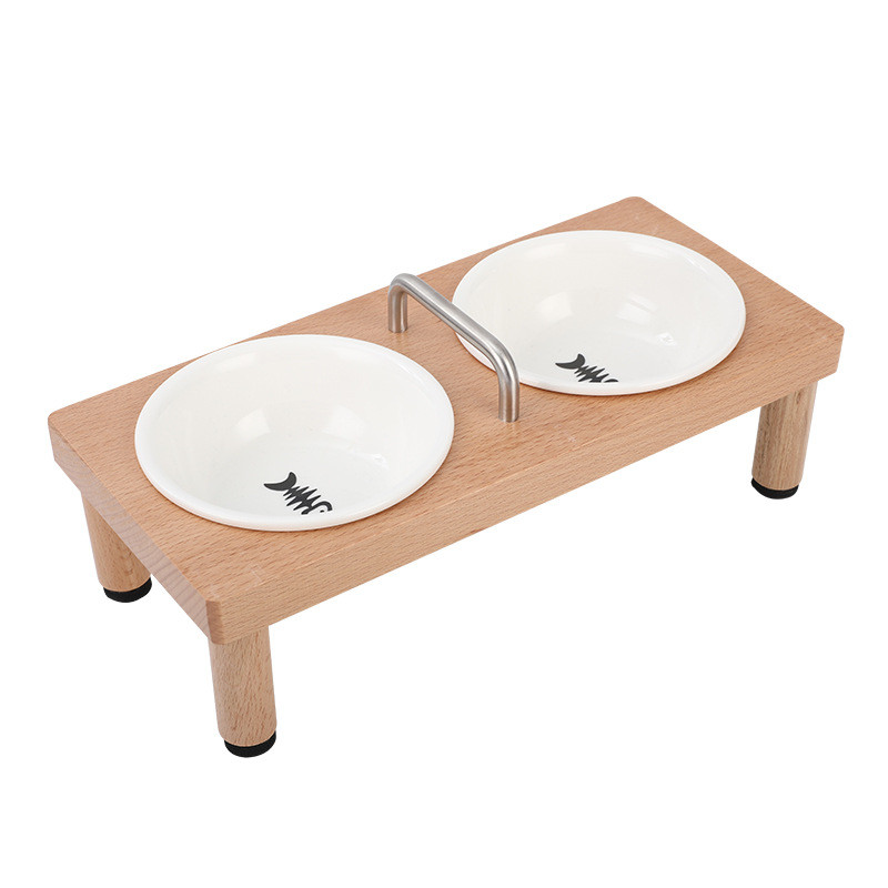 厂家直供宠物碗榉木桌陶瓷双碗型猫碗宠物圆狗碗食盆可拆卸
