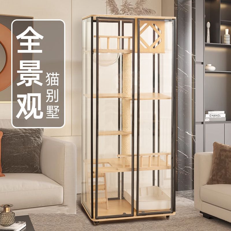 热销vsx全景猫别墅实木猫笼子双层三层豪华超大玻璃透明猫柜猫窝