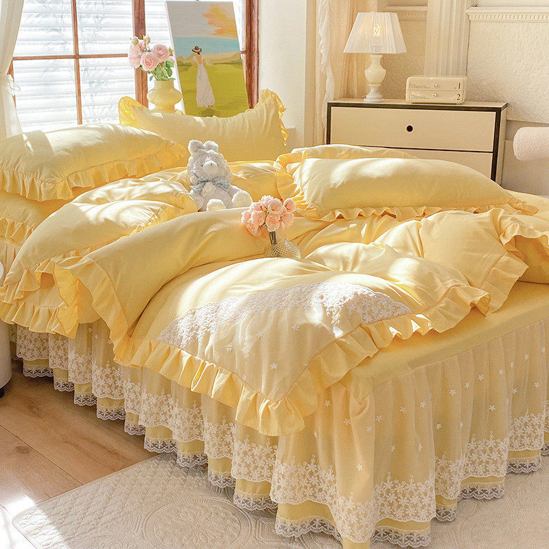 韩版床裙蕾丝花边公主风四件套少女心纯色被套床单三件套床上用品