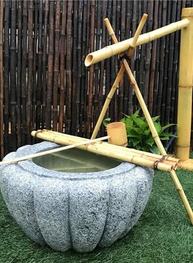 日式流水石钵滴水水景石盆景观石石槽茶楼水缸寿司店老茶馆水盆