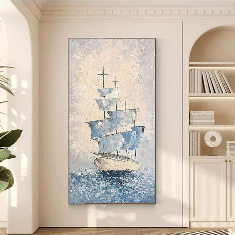 手绘一帆风顺玄关装饰画抽象肌理画入户走廊过道大海壁画手工立体图片