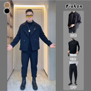 套装单件微胖男生穿搭青栀潮男秋冬胖子毛呢外套短款大码夹克呢子