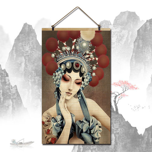 虔诚竹帘片卷轴挂画古代藏族画少女国画仕女背景墙玄关挂件装饰画