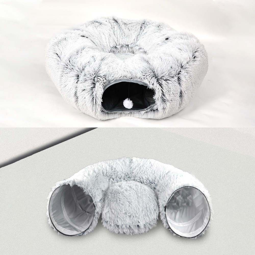 宠物猫窝新款冬季圆形可折叠二合一毛绒猫隧道封闭式加厚保暖圆窝