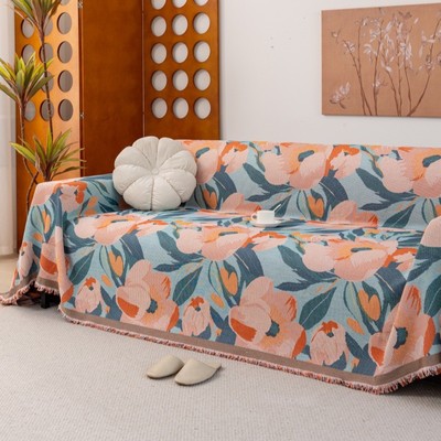 年大花朵沙发巾四季通用2024复古新款防猫抓全包沙发盖布巾